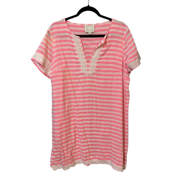 Sail to Sable Women's XL Striped Mini Dress Coverup Lace V Neck Short Sleeves‎ - Picture 1 of 5